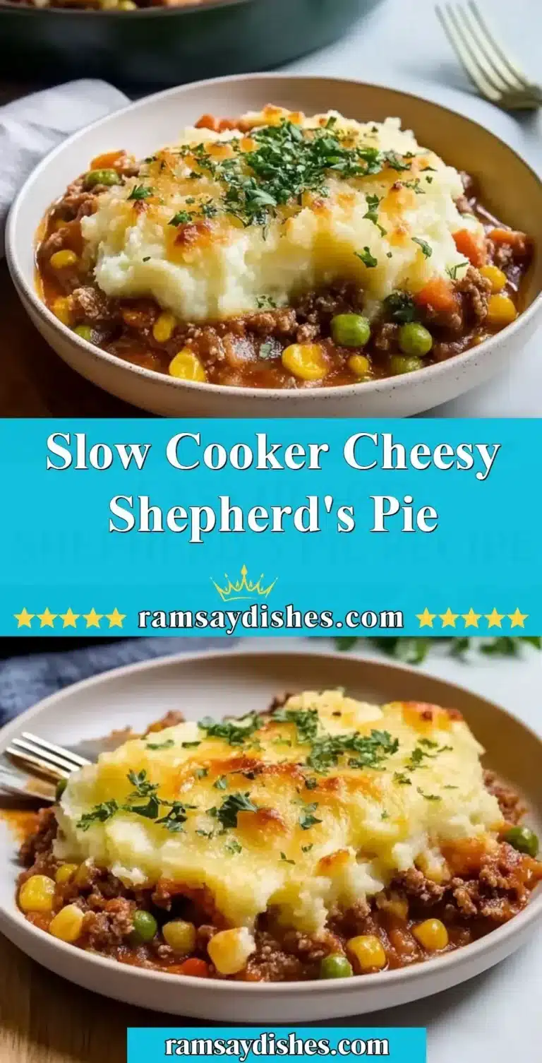 Delicious Slow Cooker Cheesy Shepherd's Pie topped with melted cheese and herbs