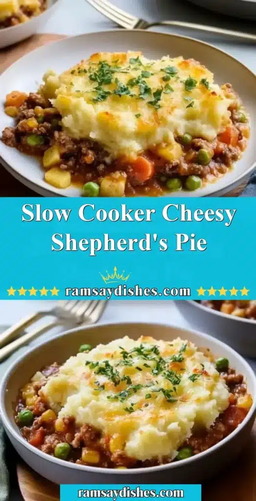 Delicious slow cooker cheesy shepherd's pie with creamy topping and savory filling.