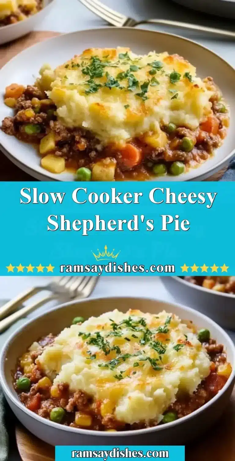 Delicious slow cooker cheesy shepherd's pie with creamy topping and savory filling.