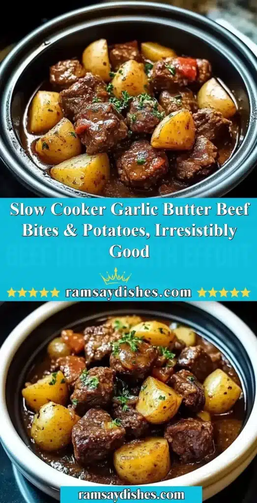 Delicious slow cooker garlic butter beef bites with potatoes on a plate