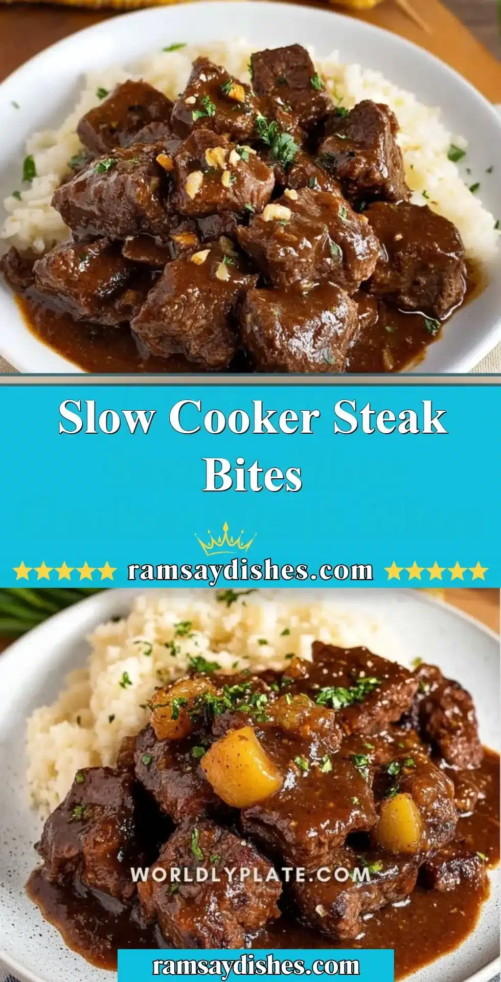 Delicious slow cooker steak bites served on a plate with herbs