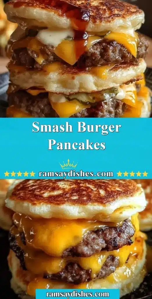 Smash burger pancakes topped with melted cheese and fresh toppings