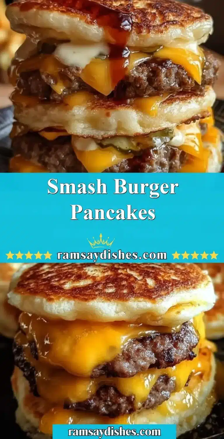Smash burger pancakes topped with melted cheese and fresh toppings