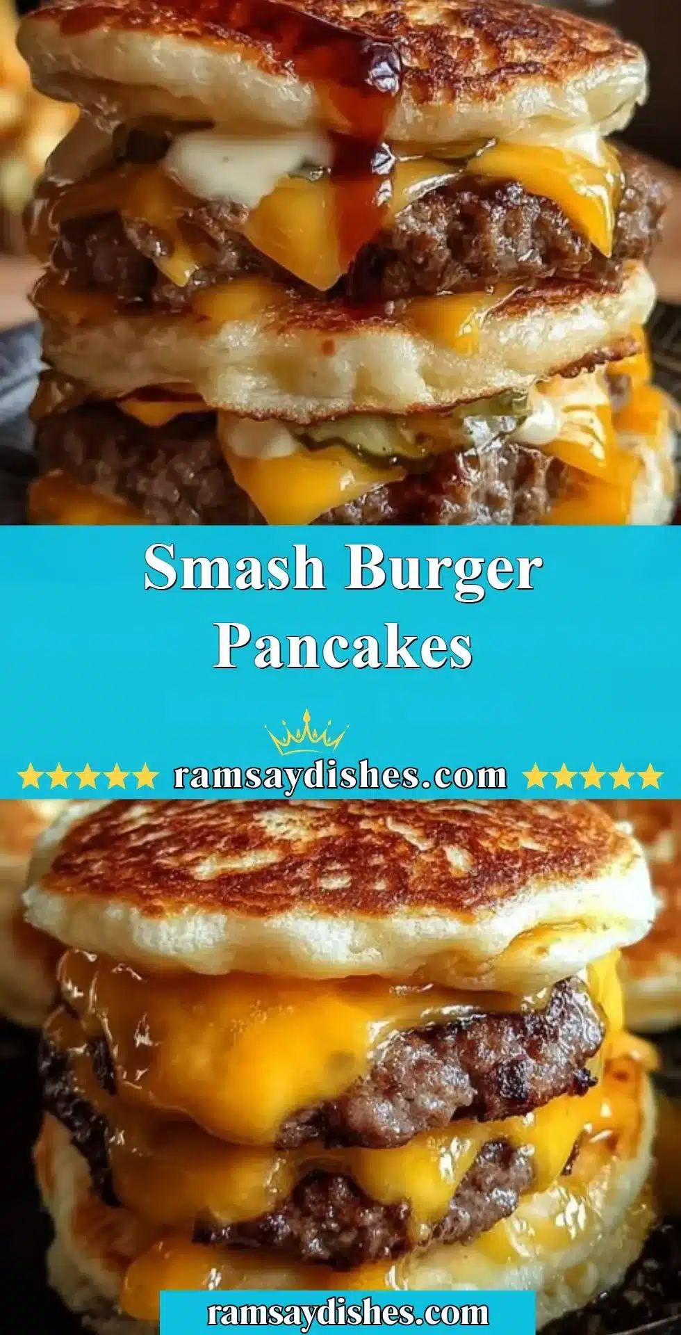 Smash burger pancakes topped with melted cheese and fresh toppings