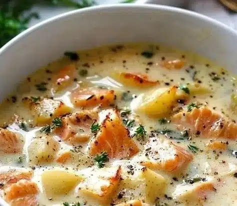 Bowl of smoked salmon and potato chowder garnished with fresh herbs