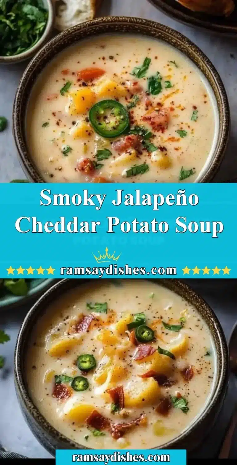 Smoky Jalapeño Cheddar Potato Soup 6 Bowl of smoky jalapeño cheddar potato soup garnished with fresh herbs.