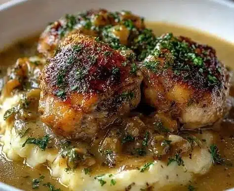 Smothered chicken thighs served with rich gravy on a plate