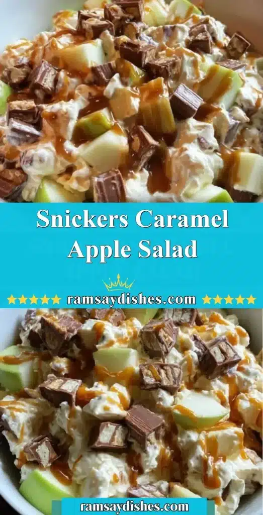 Delicious Snickers Caramel Apple Salad in a bowl with caramel drizzle