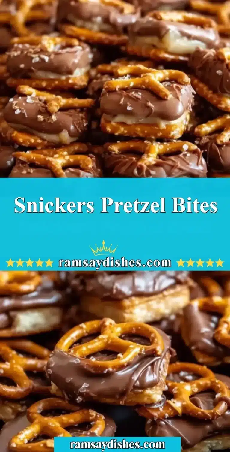 A close-up of Snickers Pretzel Bites showcasing their chocolate, caramel, and pretzel layers.