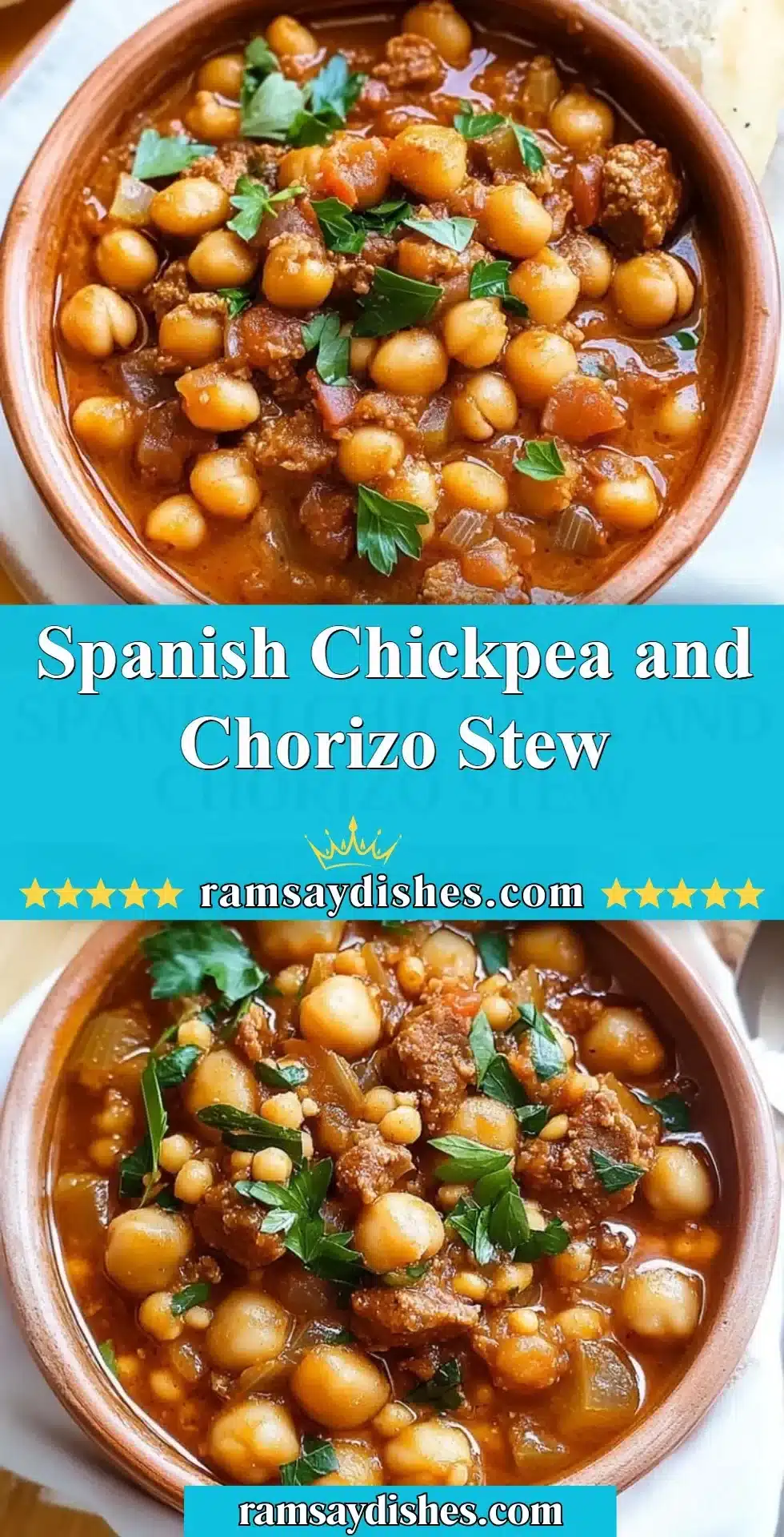 Bowl of Spanish chickpea and chorizo stew garnished with fresh herbs