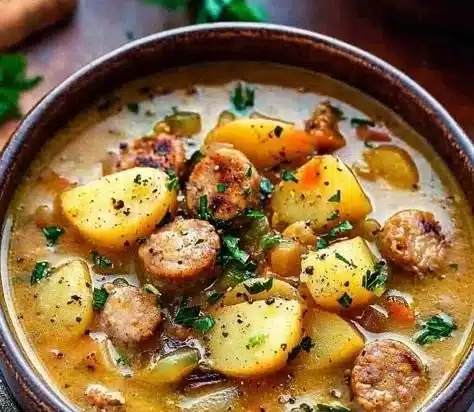 Bowl of Spicy Cajun Sausage Soup with potatoes and herbs