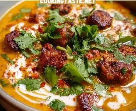 Spicy Chorizo Pumpkin Soup 8 A bowl of spicy chorizo pumpkin soup garnished with herbs and spices.