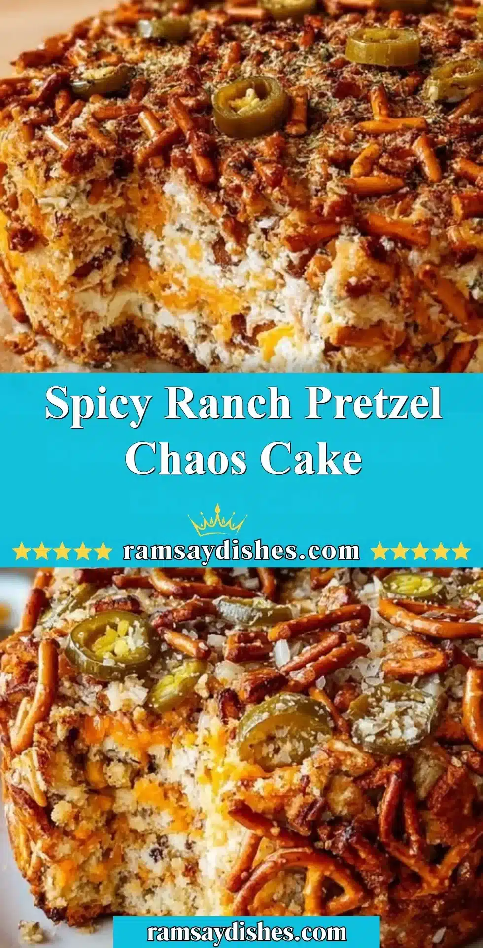 Spicy Ranch Pretzel Cake topped with crunchy pretzels and ranch seasoning