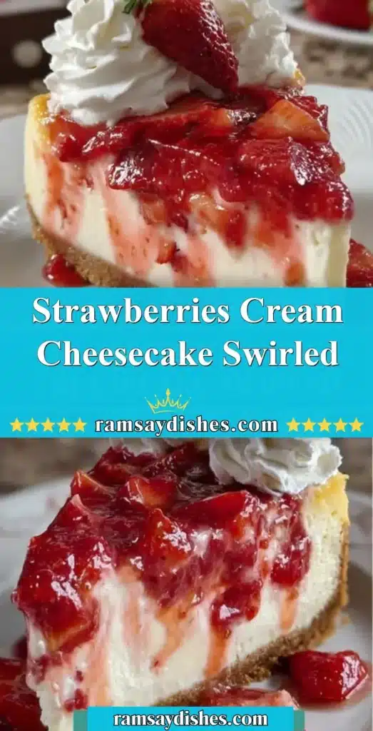 Strawberries Cream Cheesecake Swirled with fresh strawberries and cream