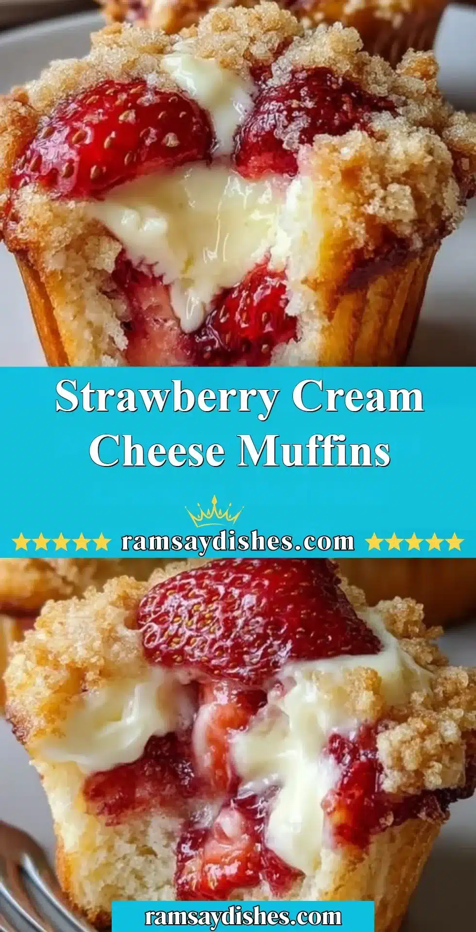 Freshly baked strawberry cream cheese muffins on a wooden table