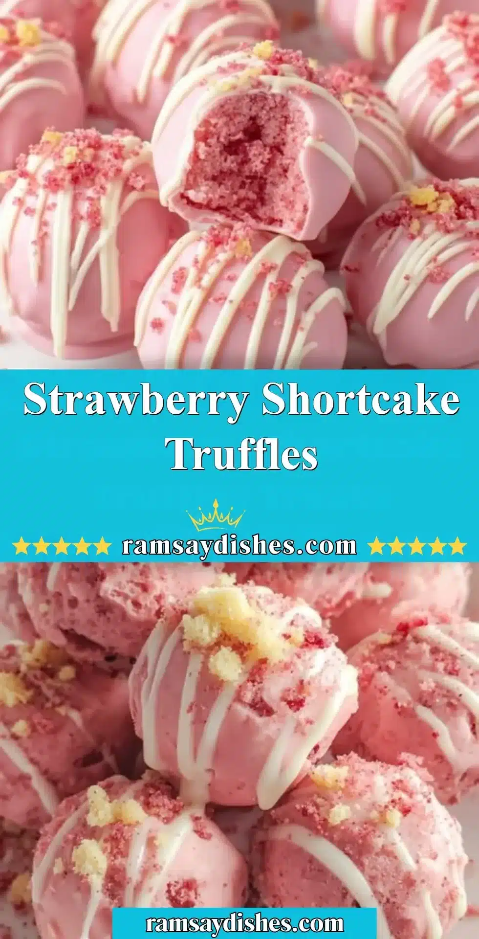 Strawberry Shortcake Truffles 2 Strawberry Shortcake Truffles arranged on a white platter with fresh strawberries.