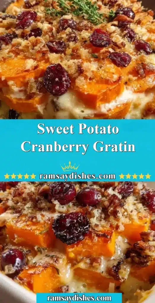 Delicious Sweet Potato Cranberry Gratin baked to golden perfection