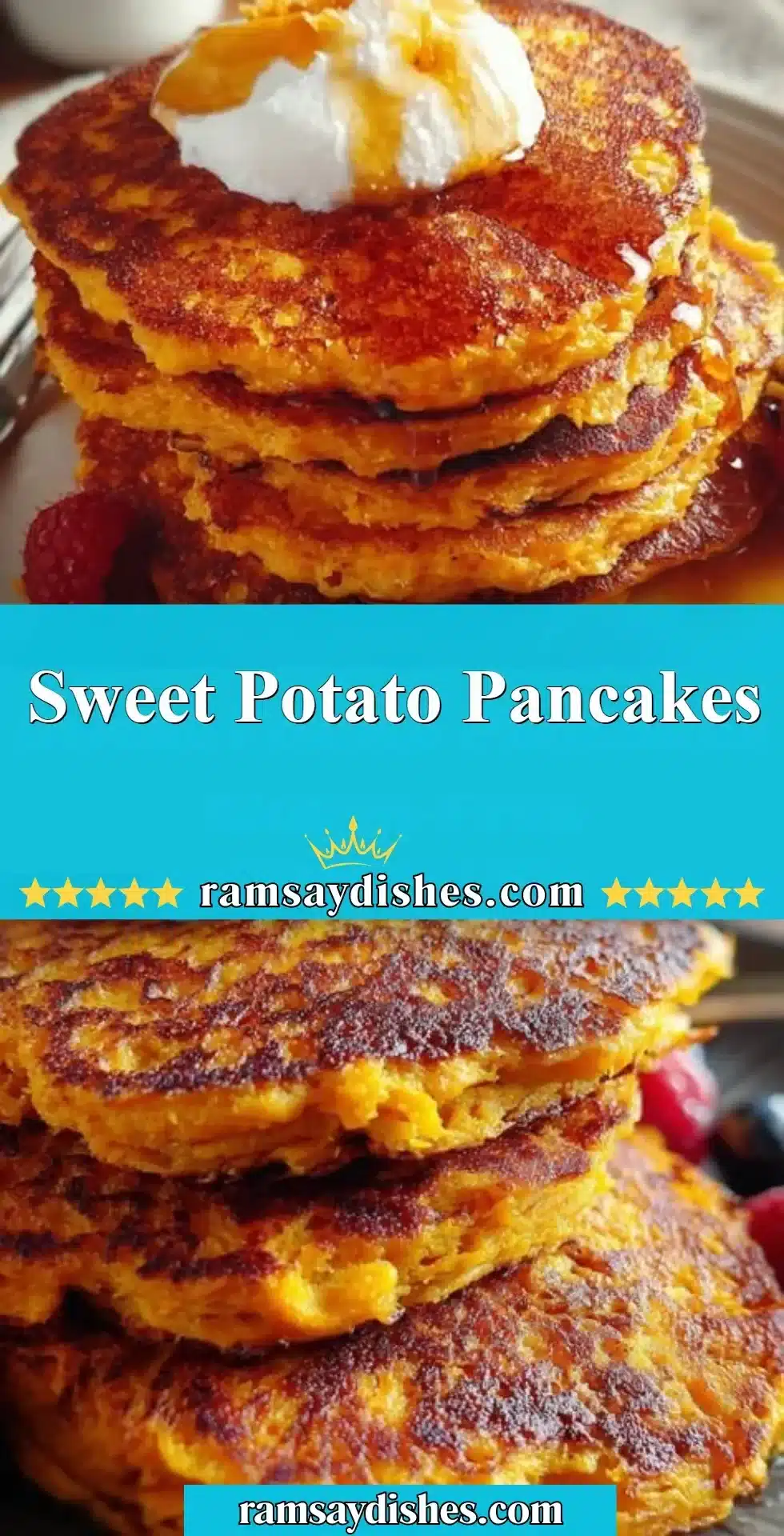 Sweet Potato Pancakes 2 Fluffy sweet potato pancakes served with syrup and fresh fruit