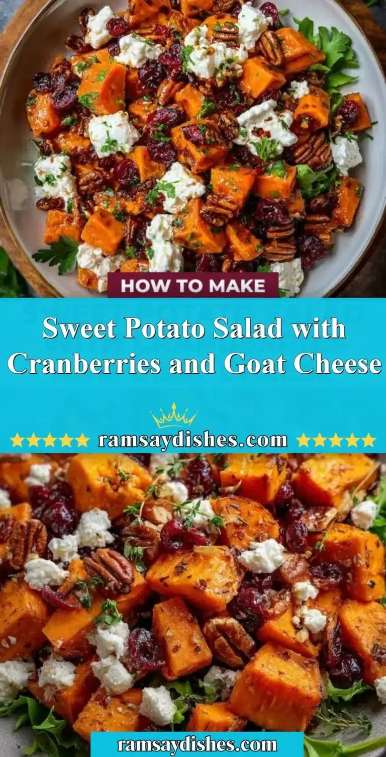 A vibrant sweet potato salad with cranberries and goat cheese served in a bowl.
