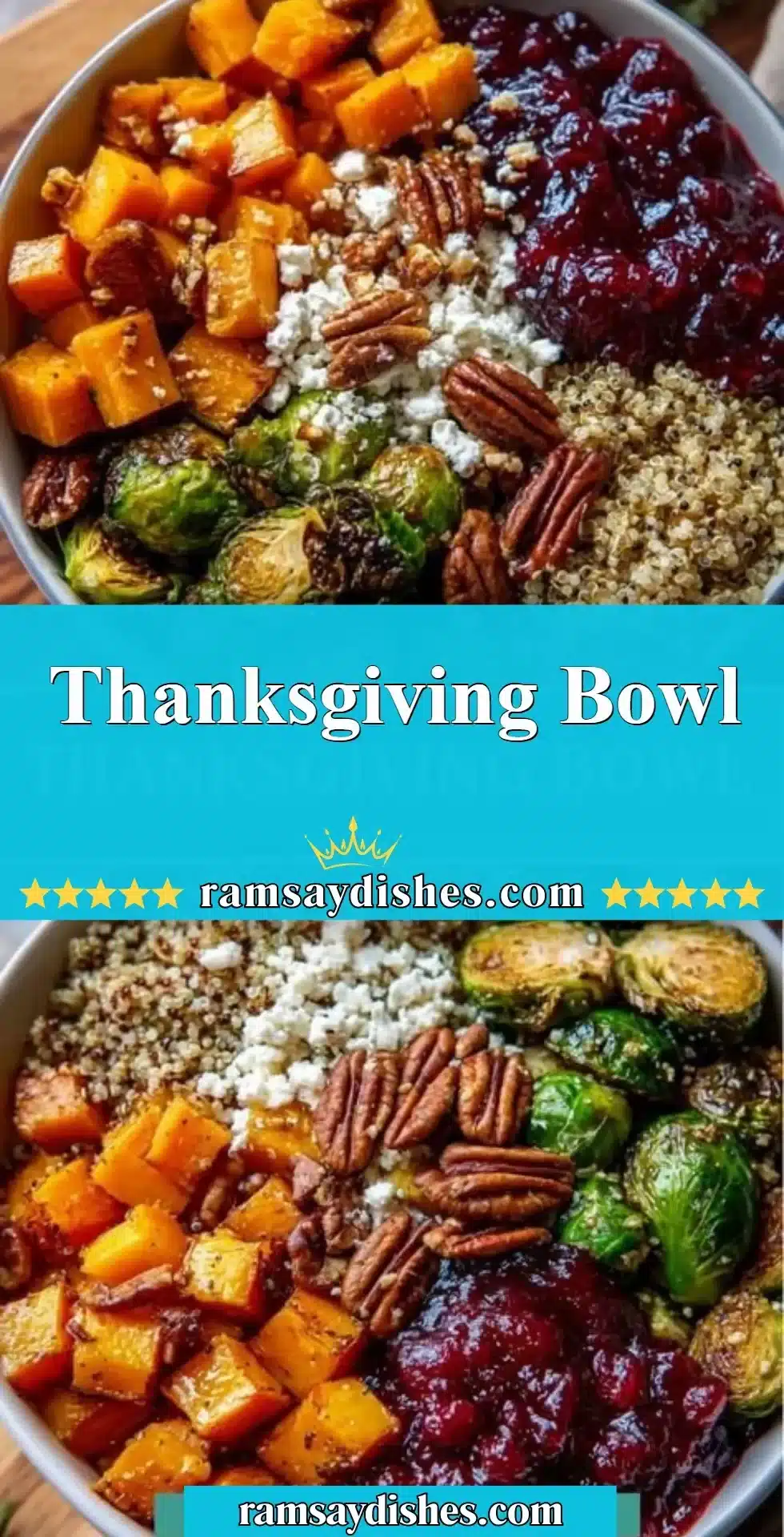 A colorful Thanksgiving Bowl filled with turkey, cranberry sauce, and vegetables.