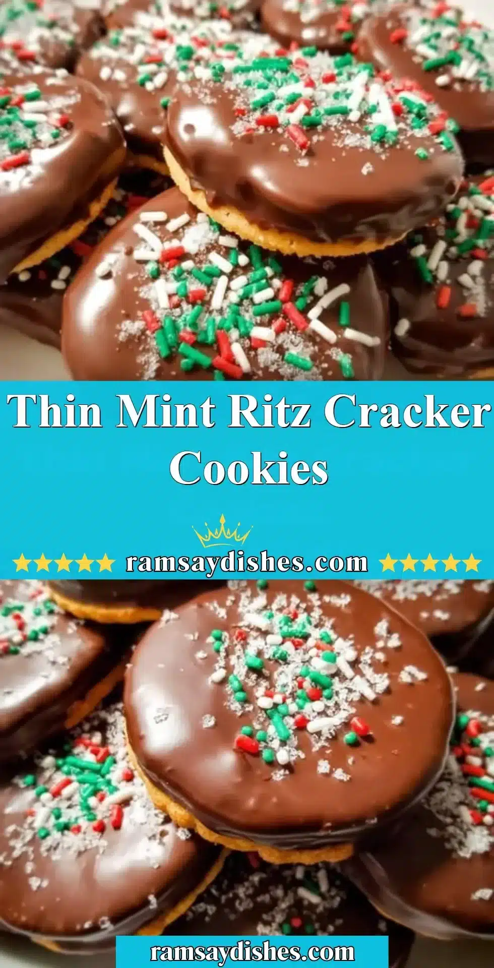 Thin Mint Ritz Cracker Cookies stacked on a plate, showcasing their chocolate coating.