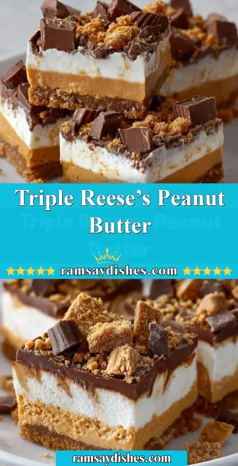 Triple Reese’s Peanut Butter dessert with layers of chocolate and creamy peanut butter