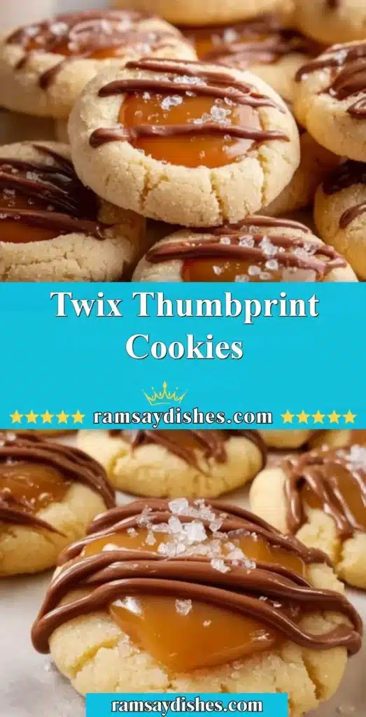 Delicious Twix thumbprint cookies topped with caramel and chocolate