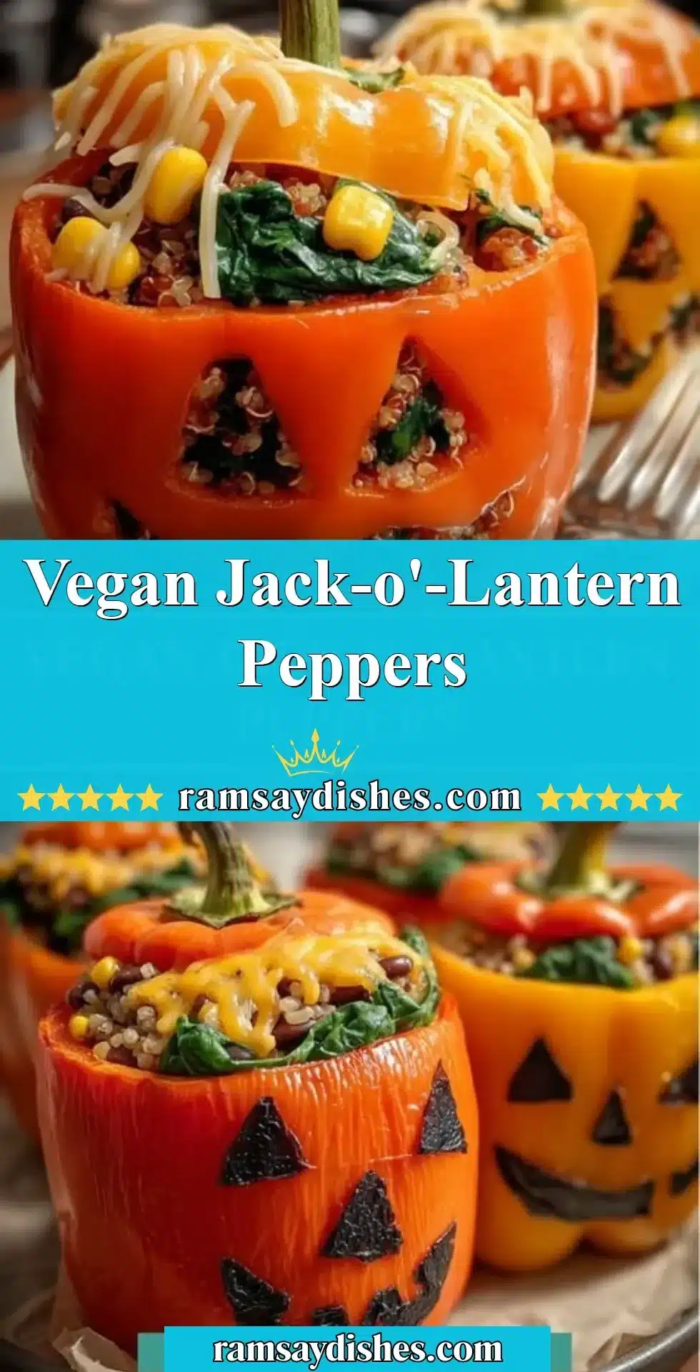 Vegan Jack-o'-Lantern Peppers filled with colorful vegetables for Halloween.