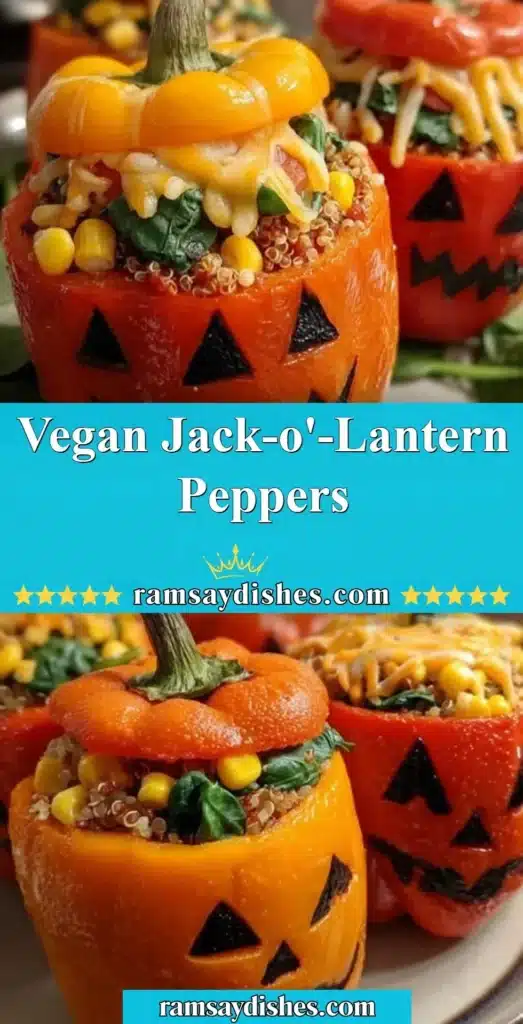 Vegan Jack-o'-Lantern Peppers filled with delicious ingredients for Halloween.