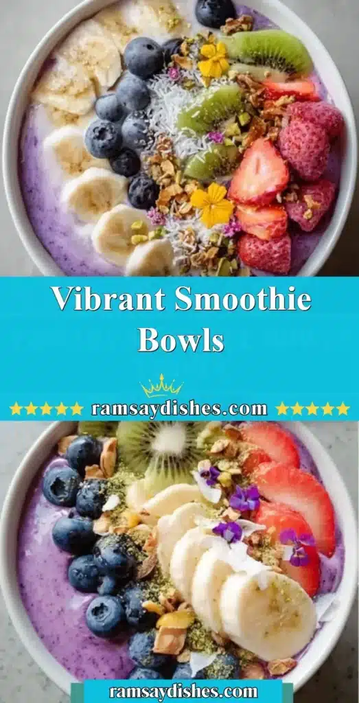 Colorful smoothie bowls topped with fresh fruits and nuts