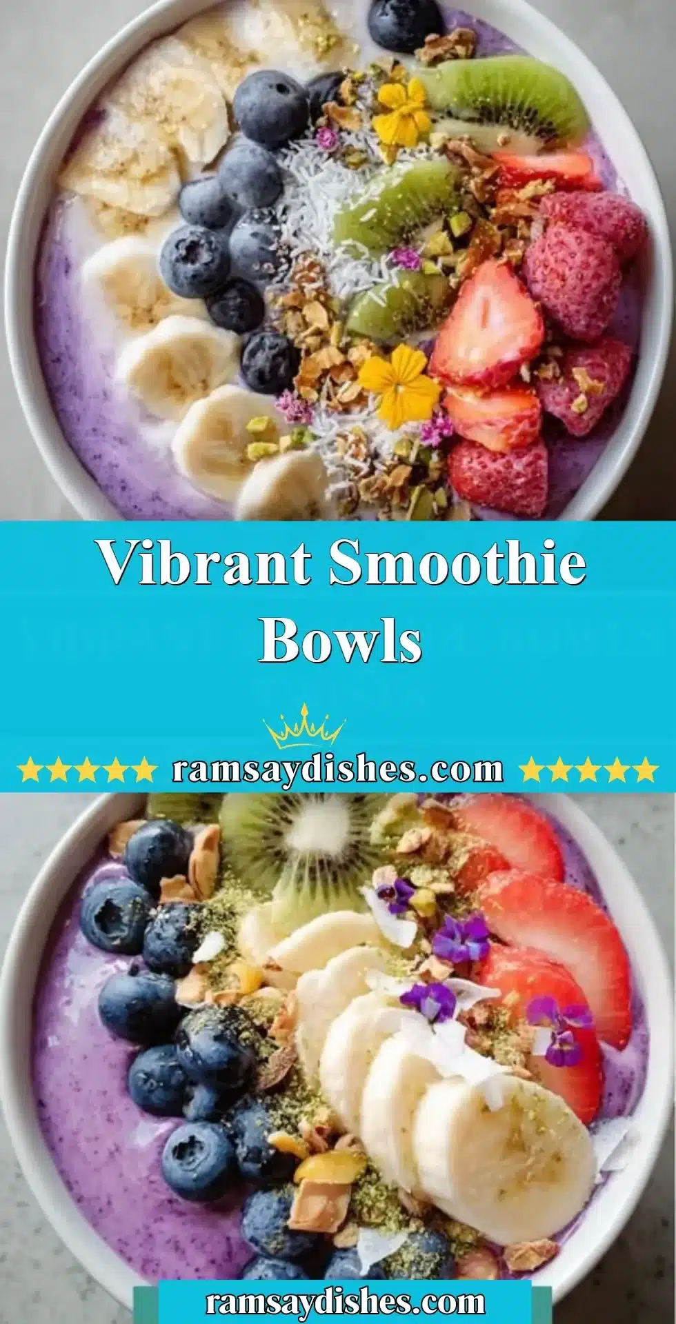 Colorful smoothie bowls topped with fresh fruits and nuts