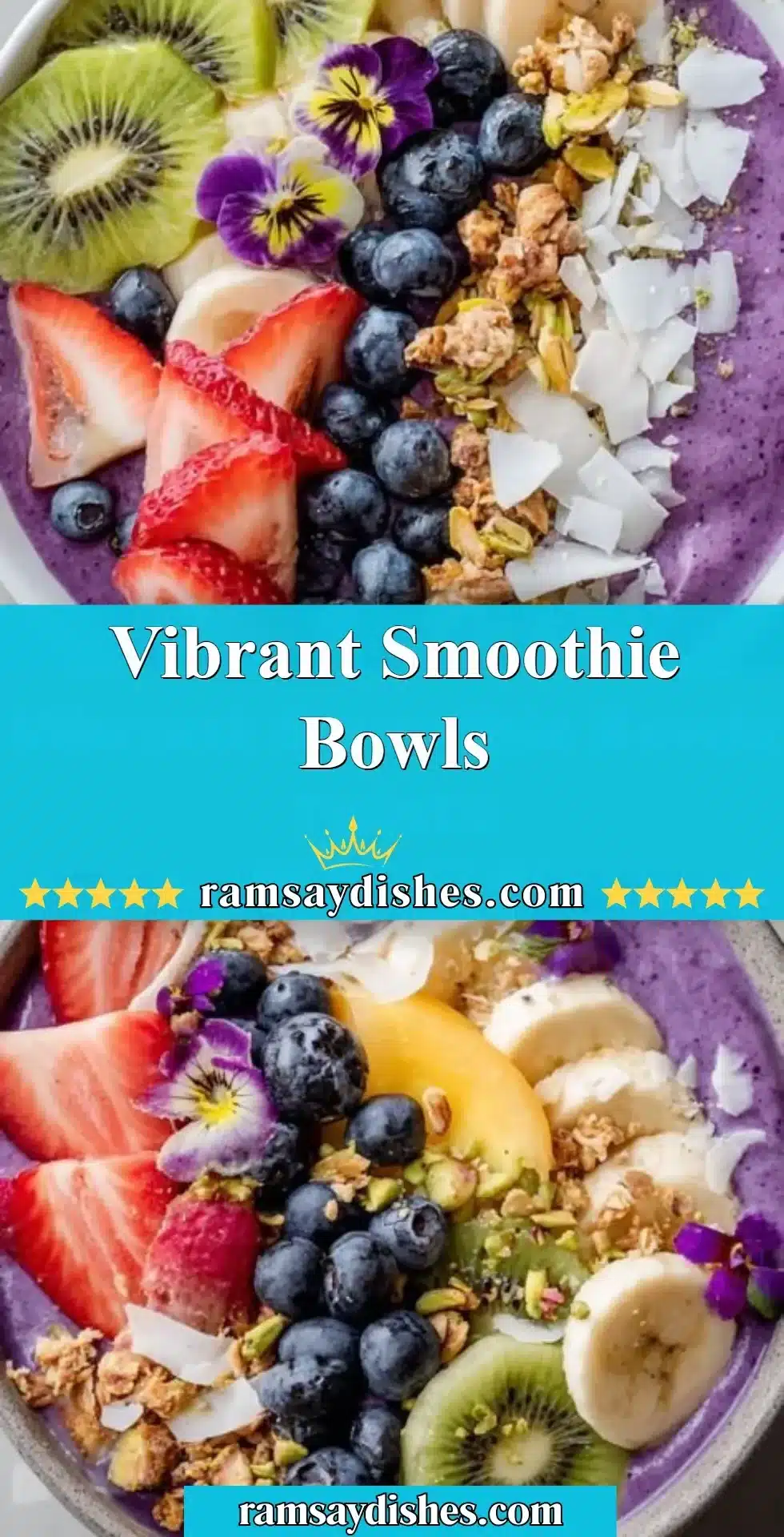 Colorful and nutritious smoothie bowls topped with fresh fruits and granola.