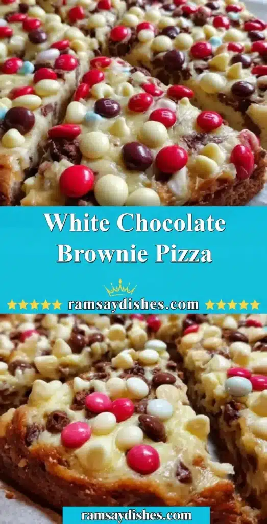 Delicious white chocolate brownie pizza topped with creamy white chocolate and nuts