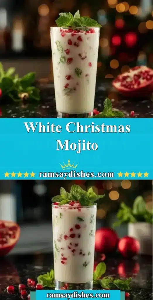 Refreshing White Christmas Mojito cocktail garnished with mint leaves and cranberries.