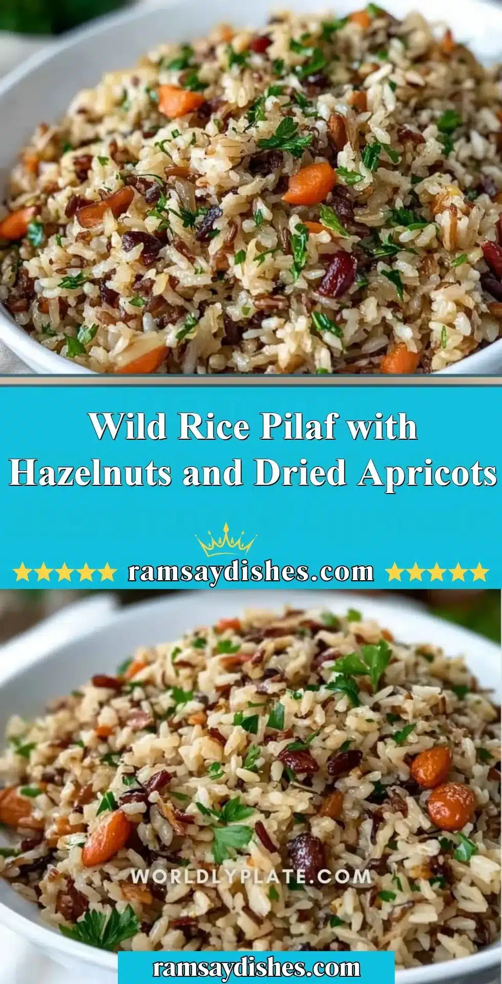 Delicious wild rice pilaf with hazelnuts and dried apricots served in a bowl.