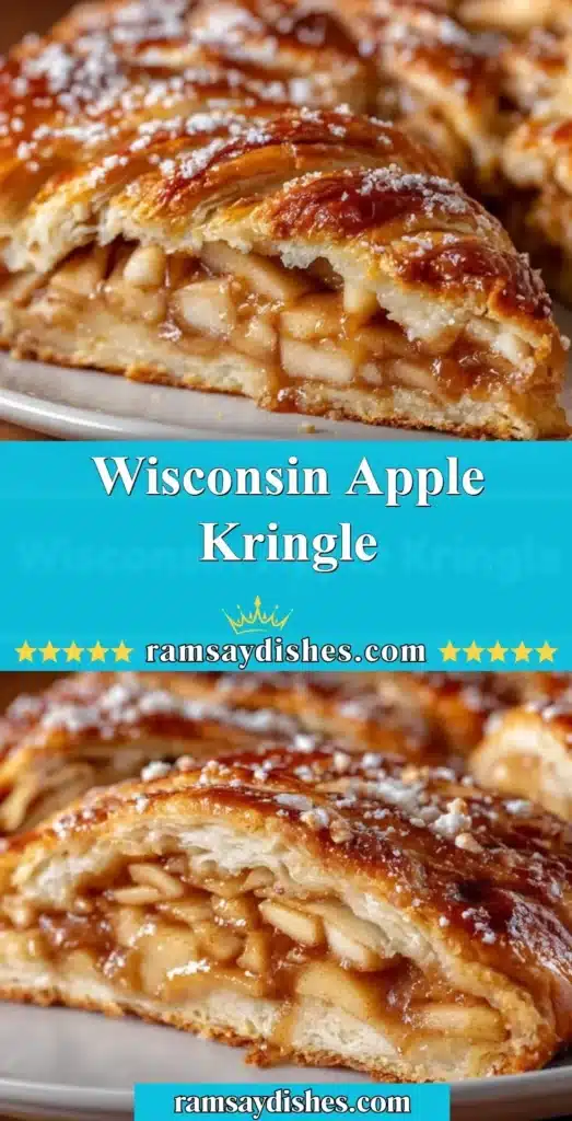 Wisconsin Apple Kringle topped with icing and fresh apples