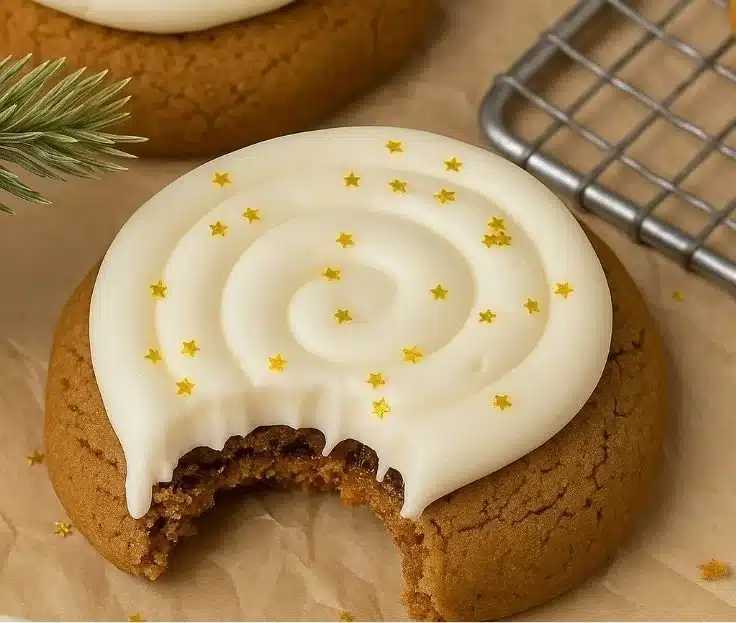 Delicious Crumbl-style gingerbread cookies on a plate, ready to be enjoyed.
