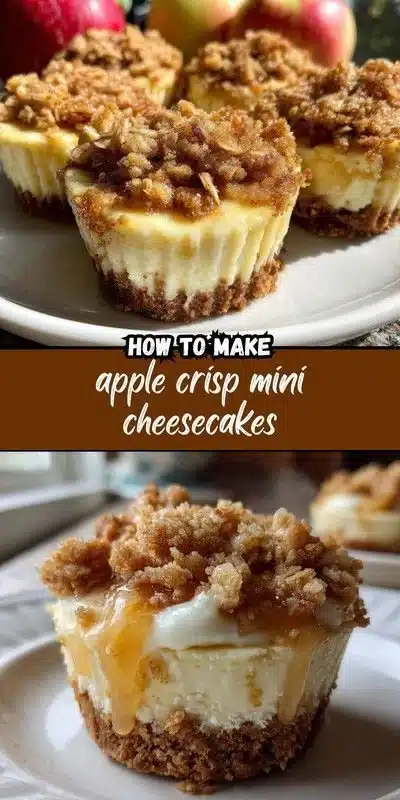 Delicious apple crisp mini cheesecakes topped with crumble and caramel drizzle.