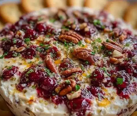 Baked Cranberry Cream Cheese Dip served in a dish, garnished with herbs.