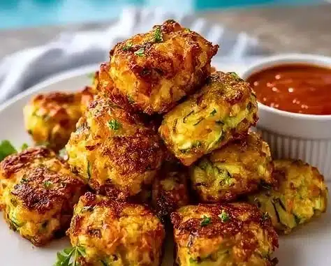 Baked sweet potato zucchini tots served on a plate