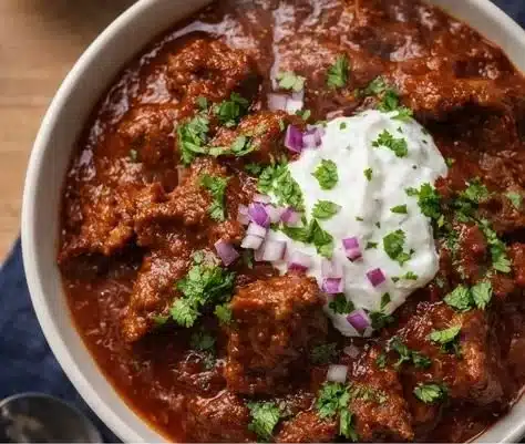 Bowl of award winning Texas chili topped with onions and cheese