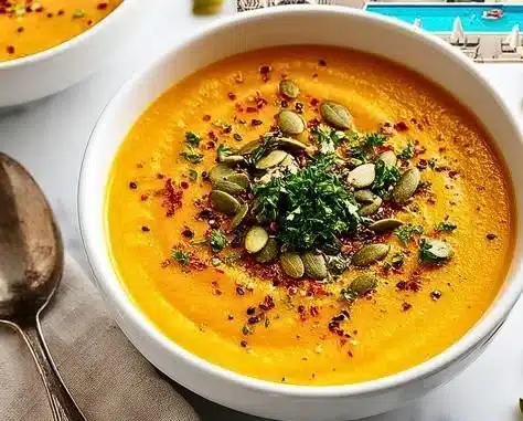 Creamy homemade butternut squash soup served in a bowl with croutons and herbs.