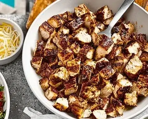 A bowl of Chipotle Chicken with rice, beans, and fresh toppings
