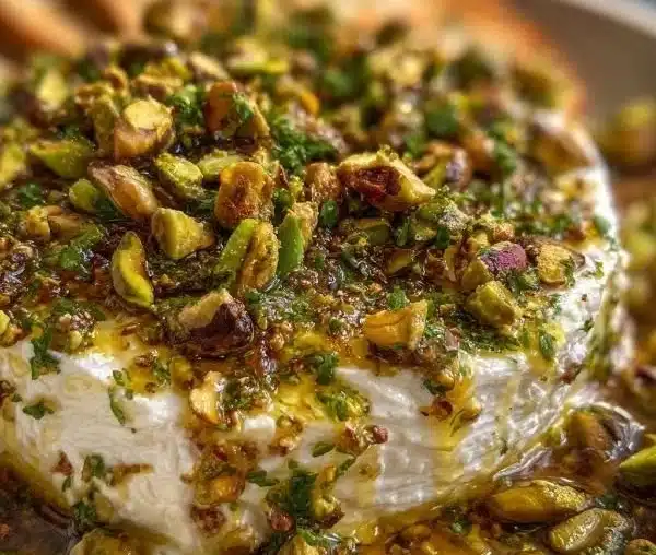 Boursin appetizer topped with pistachios and drizzled with hot honey