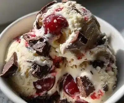 Brandied cherry and chocolate chunk ice cream in a bowl