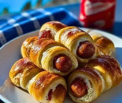 Breakfast Pigs in a Blanket 31 Breakfast Pigs in a Blanket served on a plate with dipping sauce.