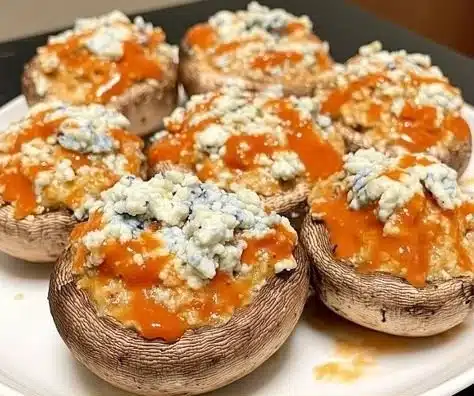 Delicious Buffalo-Stuffed Mushrooms served on a platter