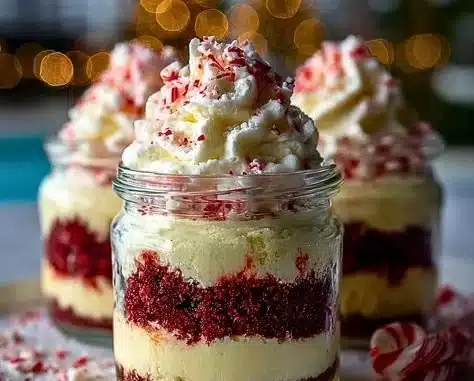 Delicious Candy Cane Cheesecake Parfaits topped with crushed candy canes.
