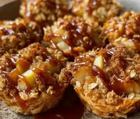 Caramel Apple Crisp Bites 5 Delicious caramel apple crisp bites topped with caramel and served in a dish.