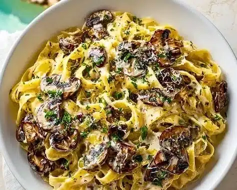 Caramelized leek and mushroom Gruyere pasta served in a bowl